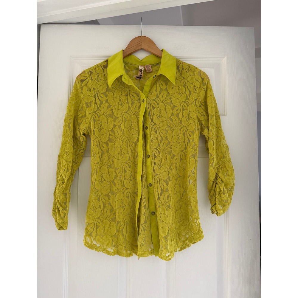Y2K Ceylon Yellow Lace Sheer Collared Blouse Party Grunge festival